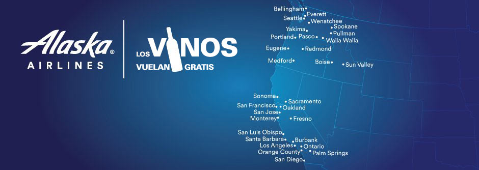 Un mapa de ruta donde figuran las siguientes ciudades con sus respectivos códigos de aeropuerto, que son parte del programa "Los Vinos Vuelan Gratis": Burbank (BUR), Fresno (FAT), Los Angeles (LAX), Monterey (MRY), Oakland (OAK), Orange County (SNA), Ontario (ONT), Palm Springs (PSP), Sacramento (SMF), San Diego (SAN), San Francisco (SFO), San Jose (SJC), San Luis Obispo (SBP), Santa Barbara (SBA), Sonoma (STS), Boise (BOI), Eugene (EUG), Medford (MFR), Portland (PDX), Redmond (RDM), Bellingham (BLI), Everett (PAE), Pasco (PSC), Pullman (PUW), Seattle (SEA), Spokane (GEG), Walla Walla (ALW), Wenatchee (EAT) y Yakima (YKM).